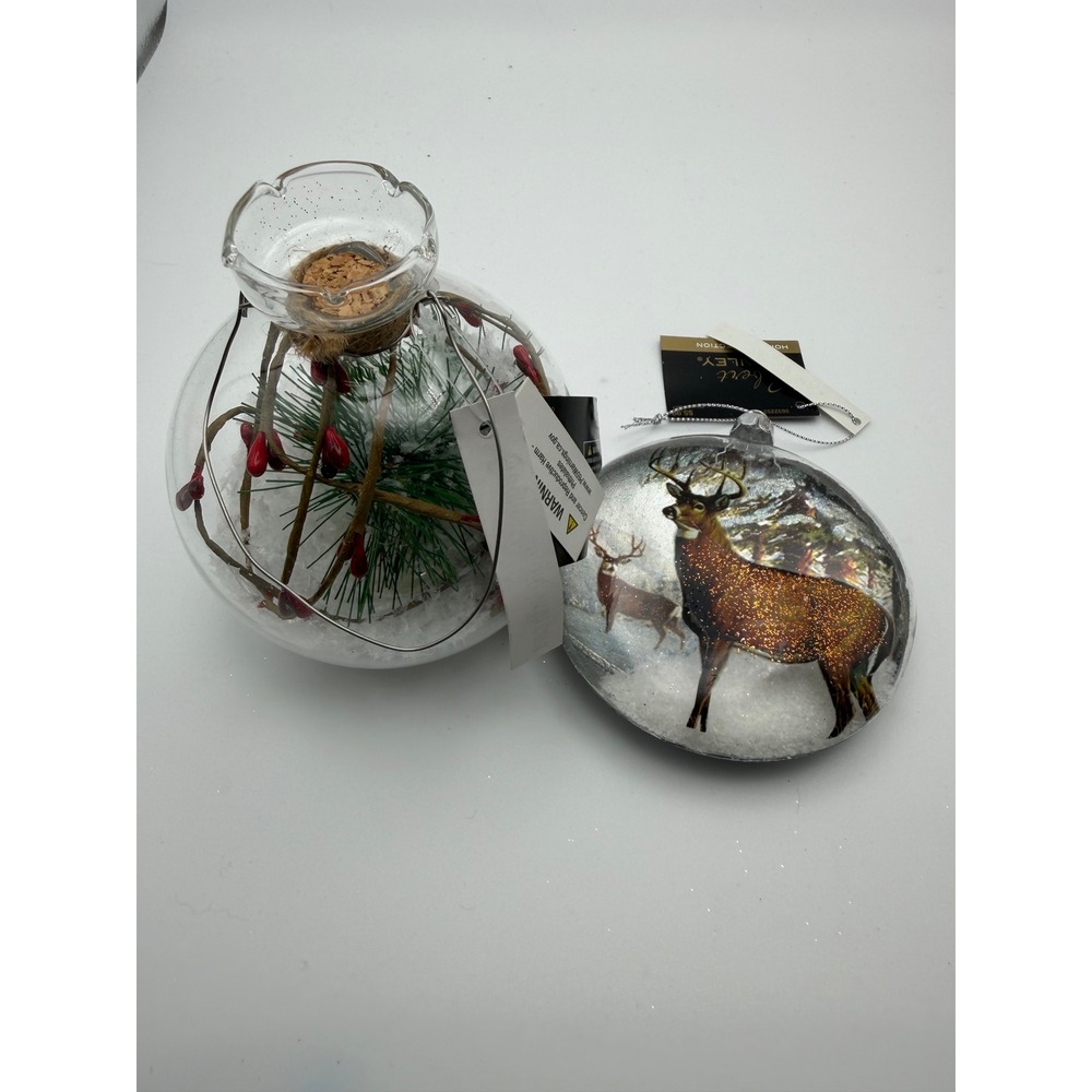 Robert Stanley Christmas Ornaments Set Glass Deer Snow Globe Pine Berries NEW
